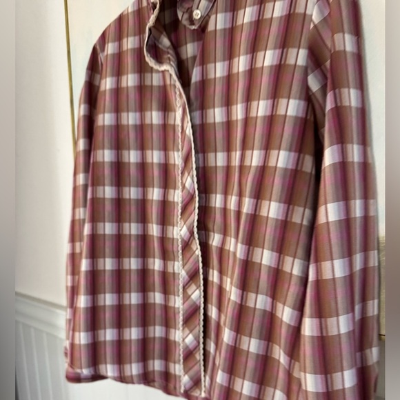 SHAPELY Cottagecore Prairie Mock Neck Button Down Plaid Maroon Shirt Size 12 - Picture 4 of 7